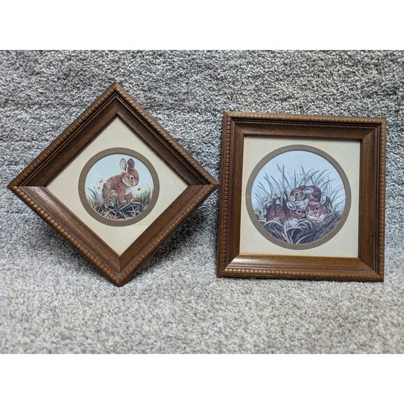 Set Of 2 Vintage Home Interior Framed Matted Bunny Rabbit Print Picture Shannon - Picture 1 of 8